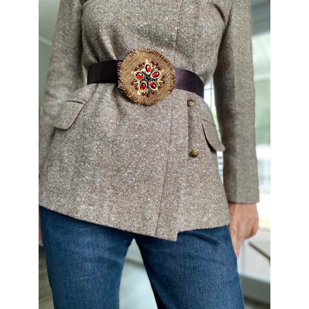 Vintage Liz Claiborne Women's Belt Satin fabric felt buckle canvas bronze Stones